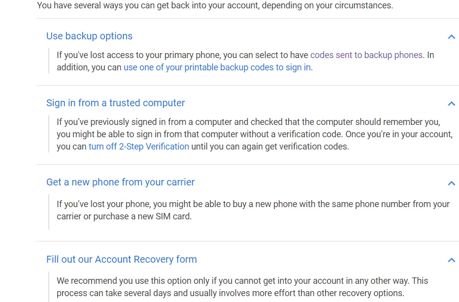 A section of Google’s help pages for two-factor authentication users who have lost their phone, which is the first hit on searchers for “two factor lost my phone Google” and “two factor lost my security key Google”. Alas, this page doesn’t tell you if your recovery email address is, or is not, enough to reset your second factor. https://support.google.com/accounts/answer/185834?hl=en